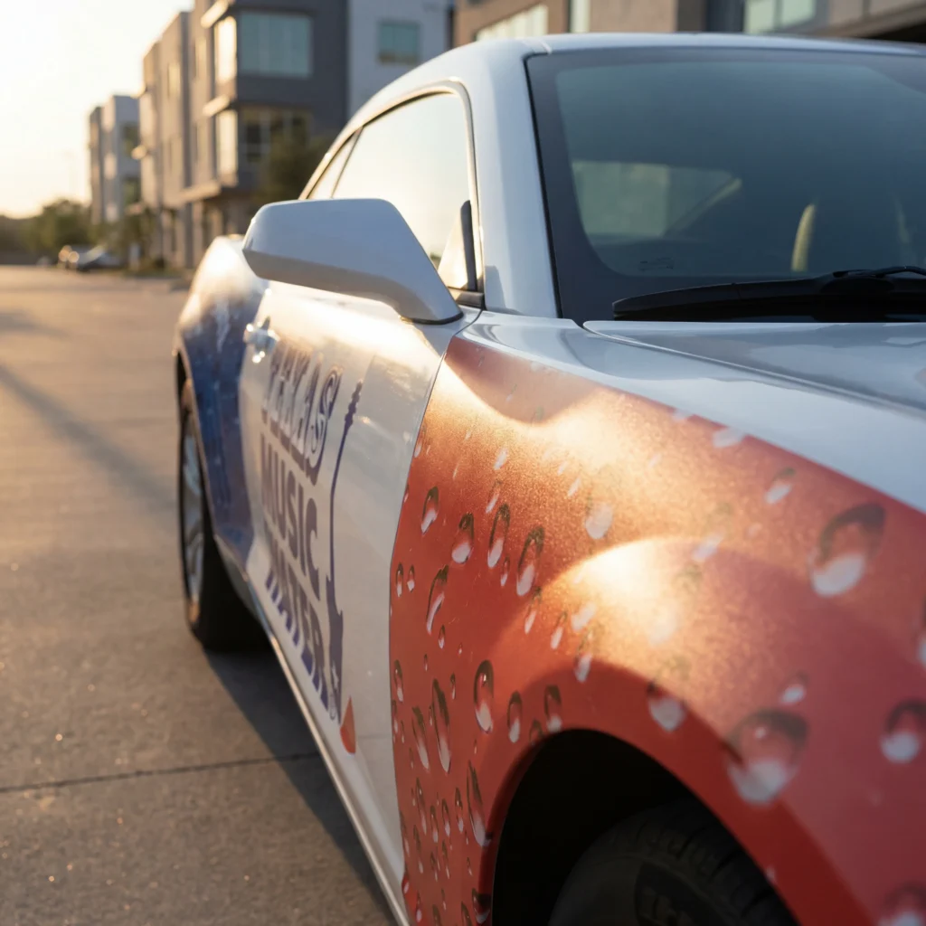 Close-up detail of custom vehicle wrap Austin TX showing high-quality vinyl installation by SpeedETransfers