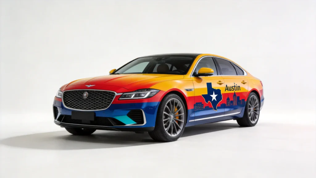 Custom vehicle wraps Austin TX colorful commercial car wrap showcasing professional vehicle wraps Austin branding design