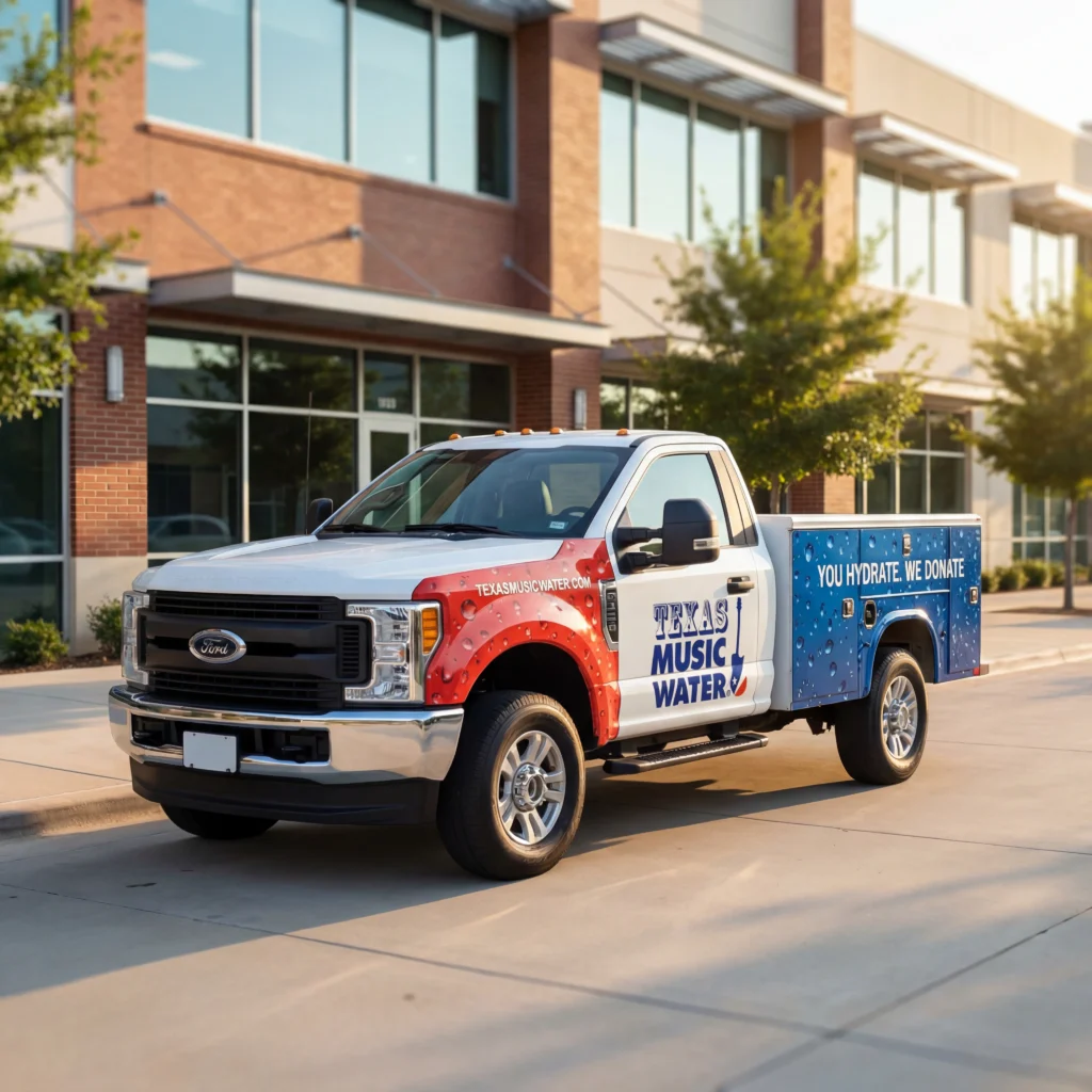 Fleet vehicle wrap Austin TX for Texas Music Water service truck with custom commercial vehicle graphics