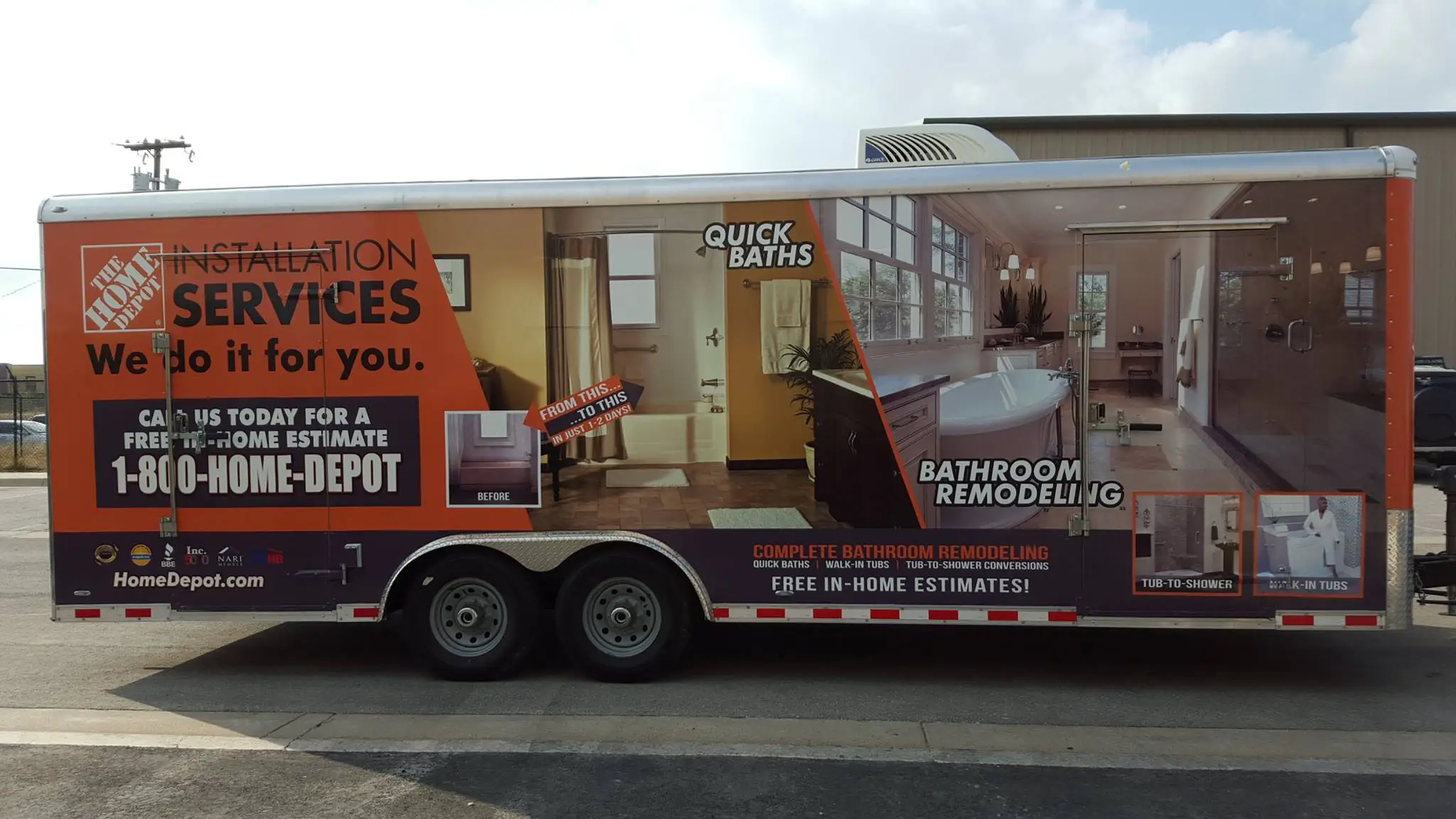 truck wraps Austin Home Depot commercial trailer with professionally installed business graphics