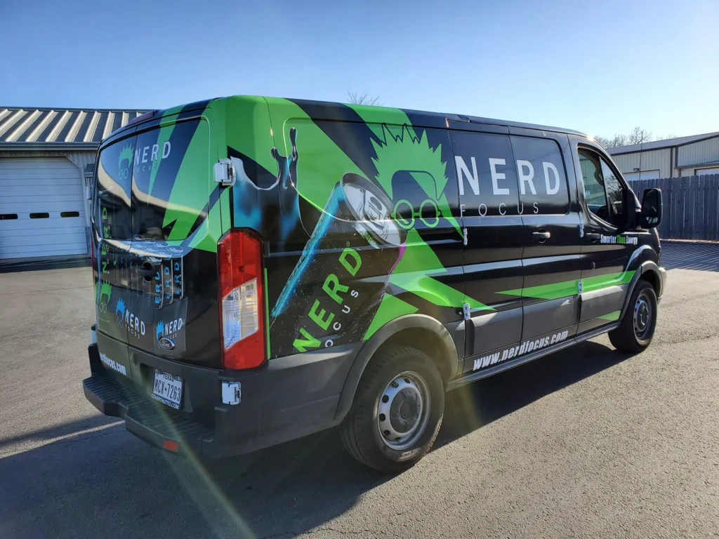 Nerd Focus commercial van with custom vehicle graphics Austin and full vehicle wrap design