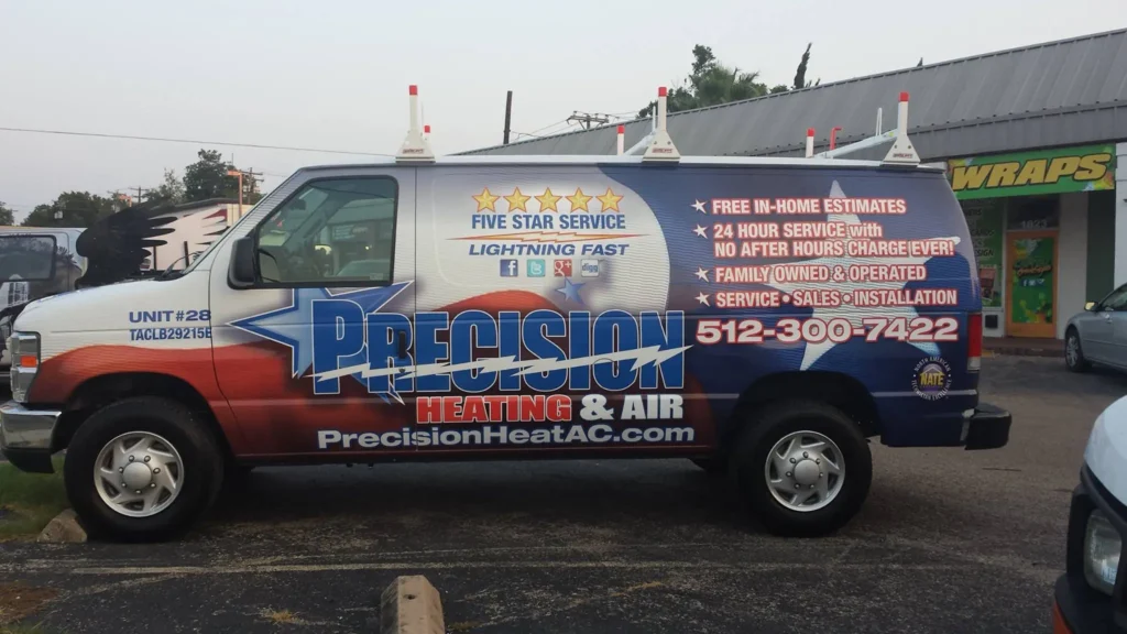 This custom commercial vehicle wrap in Austin TX features a fully wrapped delivery van with vibrant Austin-themed graphics and branding. Professional vehicle wraps Austin businesses use help increase brand visibility, attract customers, and create mobile advertising that works 24/7.