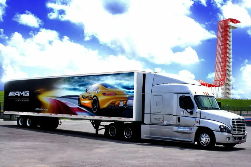 Semi truck with trailer wraps Austin TX and commercial fleet vehicle graphics branding