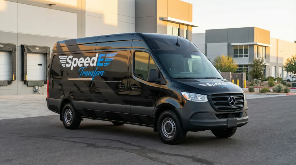 Black Mercedes van with SpeedE Transfers fleet wraps Austin TX showing premium custom vehicle wraps Austin for commercial branding