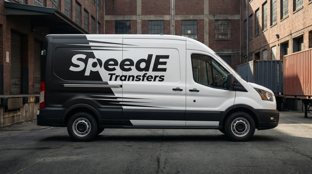 Black and white SpeedE Transfers commercial vehicle wraps Austin TX van parked in industrial area showing professional custom vehicle wraps Austin design