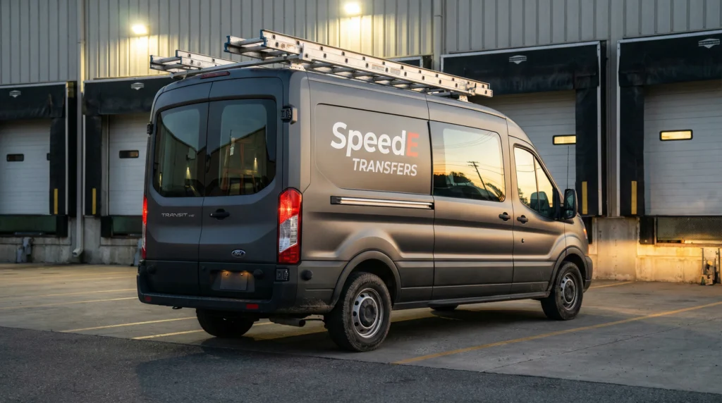 Dark gray SpeedE Transfers commercial vehicle wraps Austin TX van parked near warehouse showing professional fleet wraps Austin branding