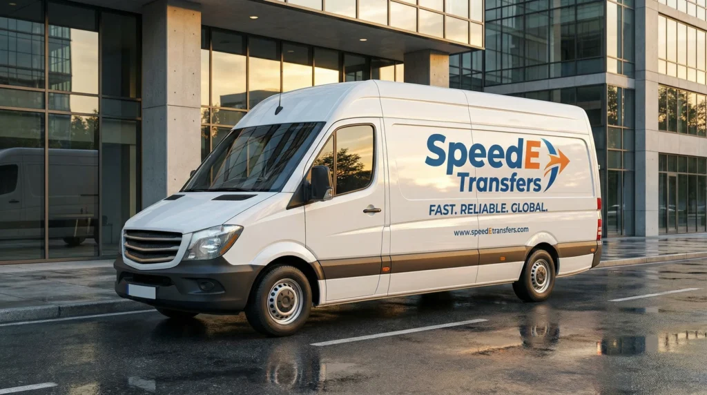 White SpeedE Transfers delivery van with commercial vehicle wraps Austin showing custom vehicle wraps Austin TX branding in business district