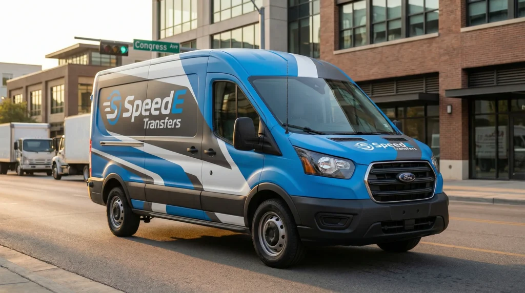 Custom vehicle wraps Austin TX on SpeedE Transfers commercial van driving in Austin Texas