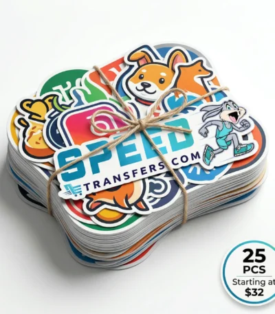 25 pcs custom stickers stack tied bundle starting at 32 dollars from SpeedETransfers