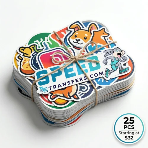 25 pcs custom stickers stack tied bundle starting at 32 dollars from SpeedETransfers
