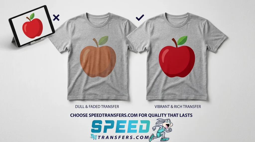 Why DTF Transfers Ruin Clothing Brand Drops (And How to Prevent It) 3 Best custom transfer service comparison showing dull faded shirt transfer versus vibrant rich transfer color