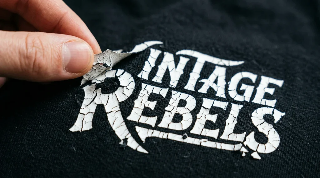 Why DTF Transfers Ruin Clothing Brand Drops (And How to Prevent It) 2 Close-up of cracked and peeling shirt print showing what happens without the best custom transfer service