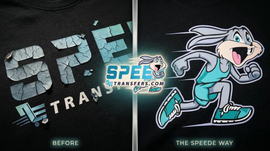 Best custom transfer service comparison showing cracked low-quality print versus clean SpeedE Transfers DTF print on black shirts