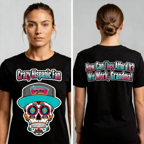 Black custom t-shirt front and back with Crazy Hispanic Fan skull graphic printed in Austin Texas