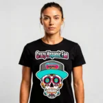 Custom black t-shirt with colorful Hispanic fan skull graphic and “Crazy Hispanic Fan” text on front
