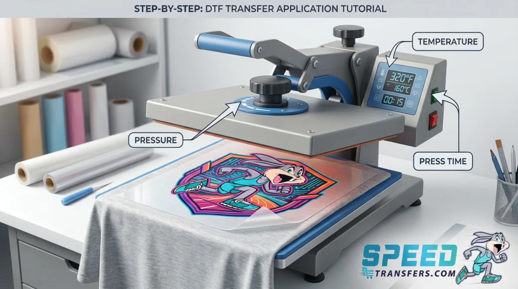 Correct heat press settings for preventing DTF transfers not sticking on custom apparel