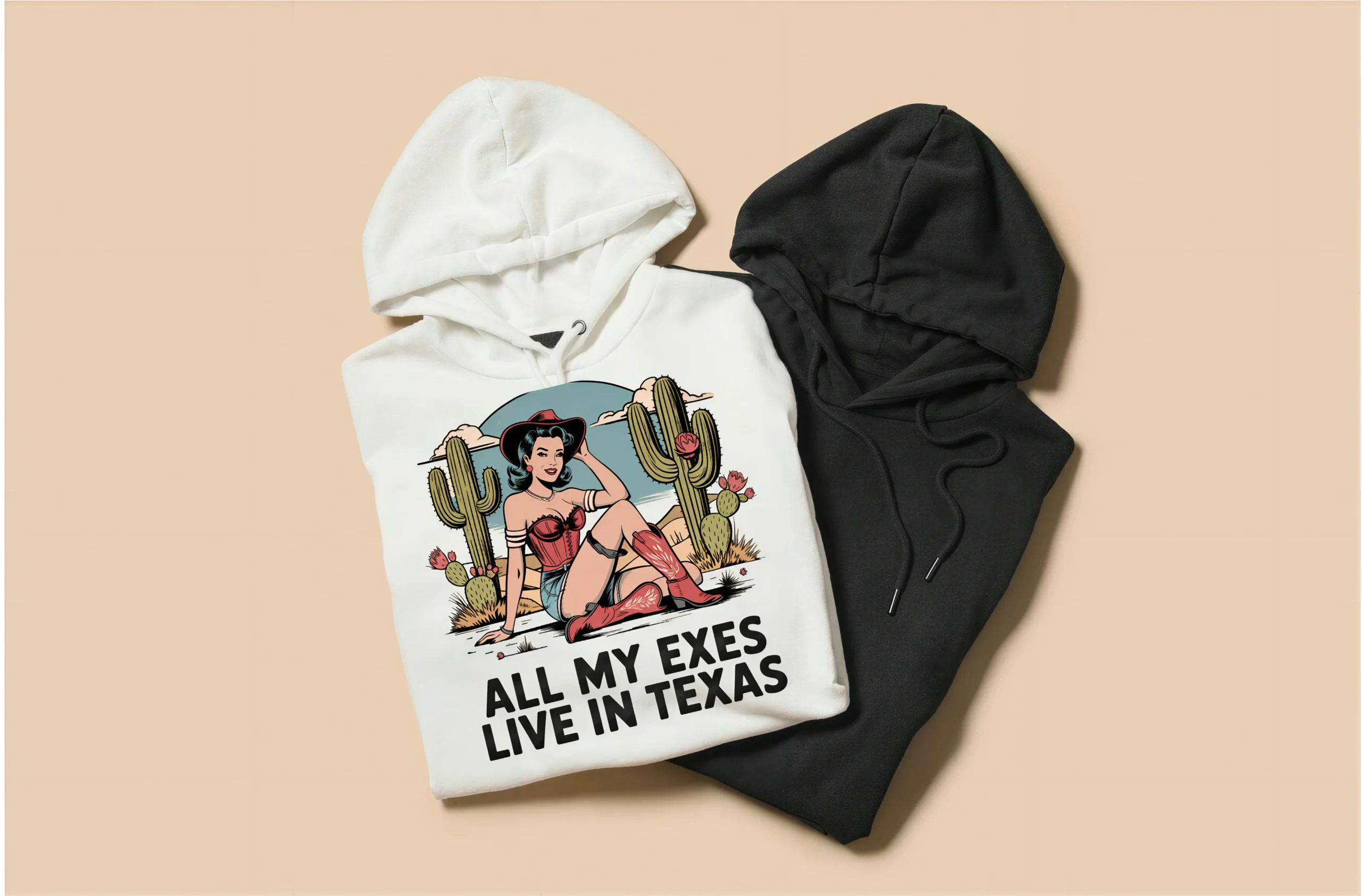 Western Texas hoodie design printed using custom DTF transfers showing vintage cowgirl graphic by SpeedE Transfers