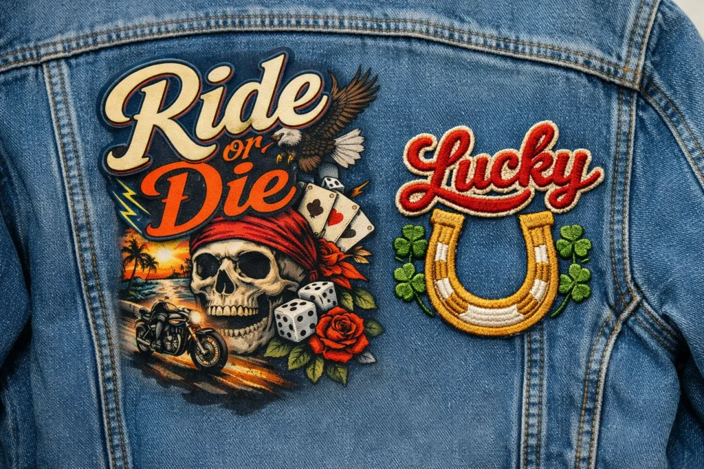 DTF Transfers for Embroidery Shops 2 DTF transfers for embroidery shops on denim jacket with embroidery patch