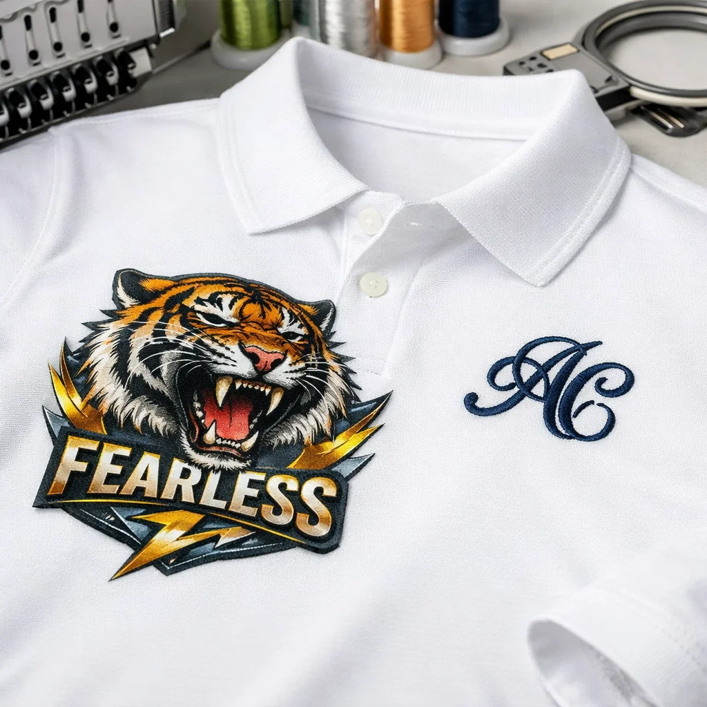DTF Transfers for Embroidery Shops 1 DTF transfers for embroidery shops on white polo with embroidered monogram