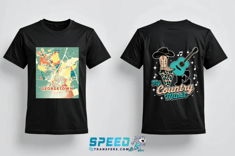 DTF Transfers Georgetown TX custom printed shirt mockup with gang sheet print and country music design by SpeedE Transfers