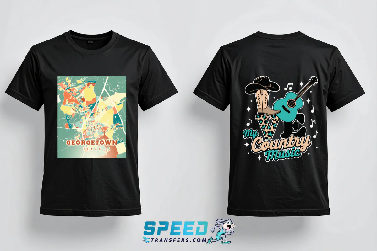 DTF Transfers Georgetown TX custom printed shirt mockup with gang sheet print and country music design by SpeedE Transfers