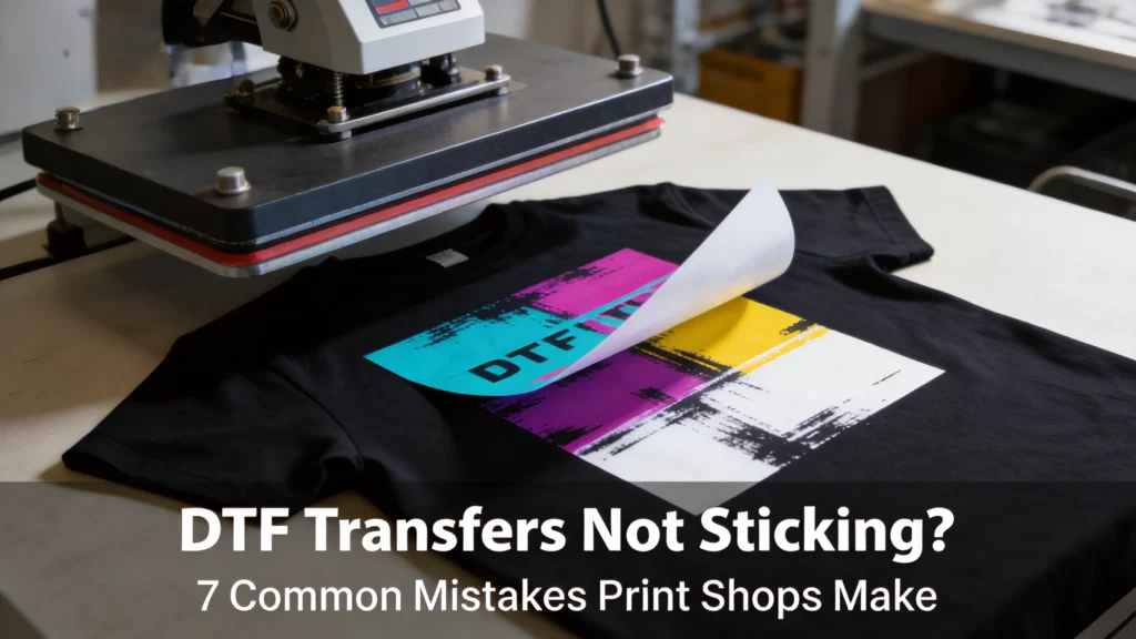 DTF transfers not sticking on a black t-shirt during heat press application in a print shop