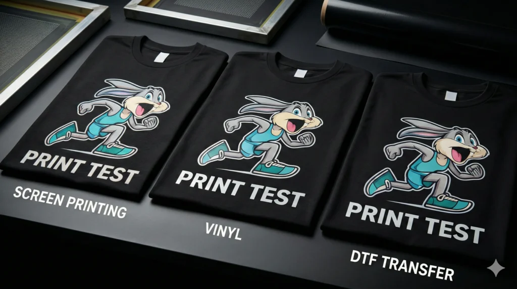 Comparison of screen printing, vinyl, and DTF Transfers on black t-shirts showing print quality differences