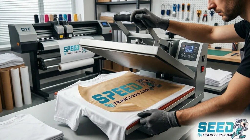 Repressing a shirt with parchment paper to fix DTF transfers not sticking