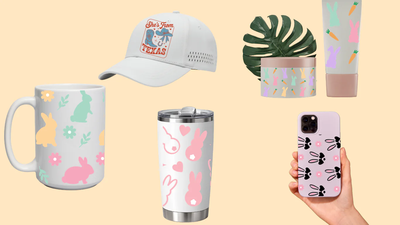 UV DTF transfers applied to mugs, tumblers, phone cases, hats, and plant pots for custom branding and product decoration