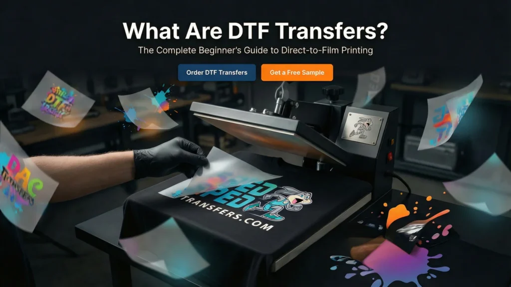 DTF Transfers being heat pressed onto a custom t-shirt using direct-to-film printing technology