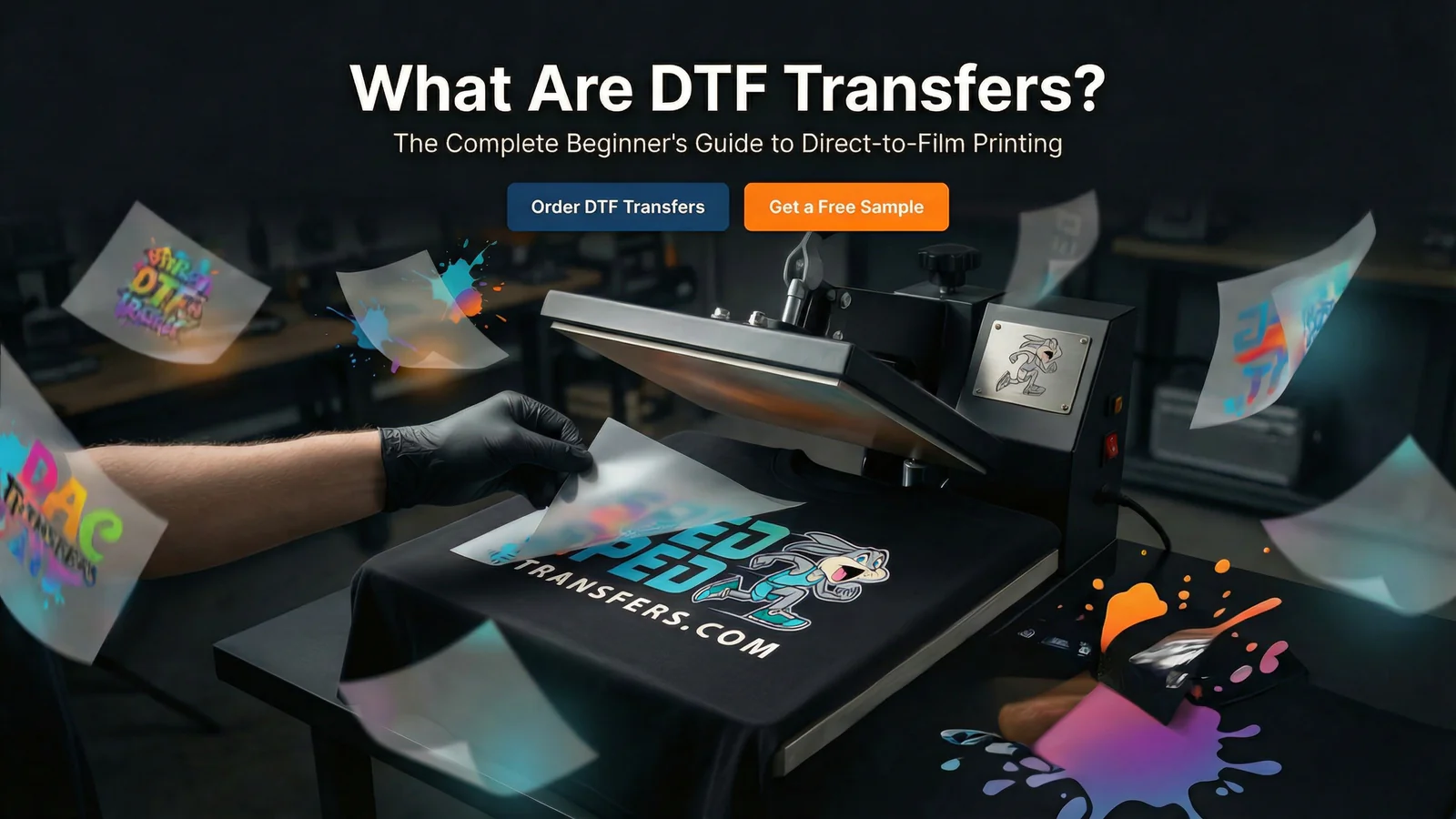 DTF Transfers being heat pressed onto a custom t-shirt using direct-to-film printing technology