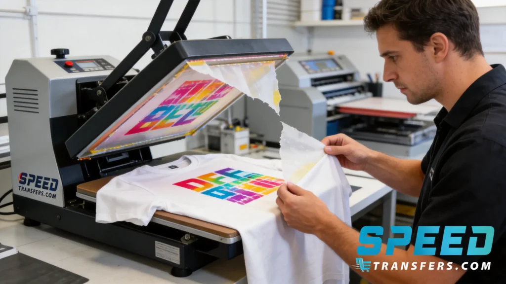 Example of DTF transfers not sticking where the transfer edges peel from the shirt after pressing