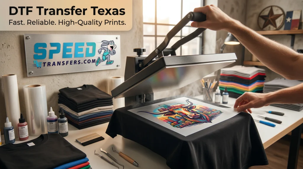 DTF transfer Texas heat press applying vibrant custom design on t-shirt in professional print shop