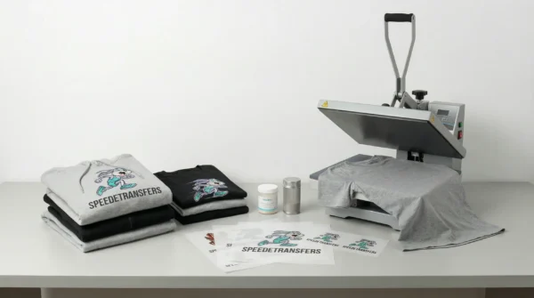 DTF transfers heat press setup with custom printed t-shirts and transfer sheets for FAQ section