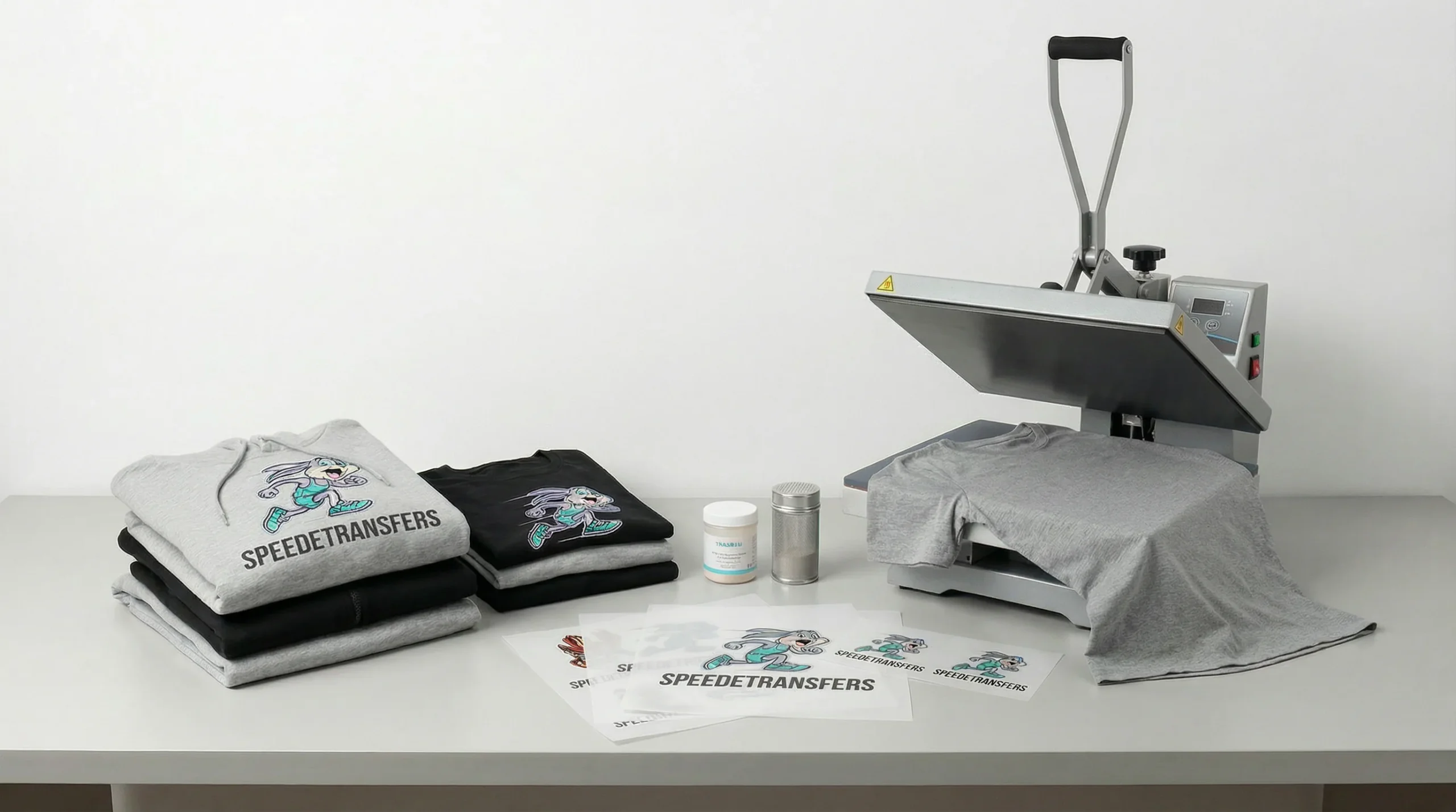 DTF Transfers FAQs showing a heat press applying a custom transfer to a shirt