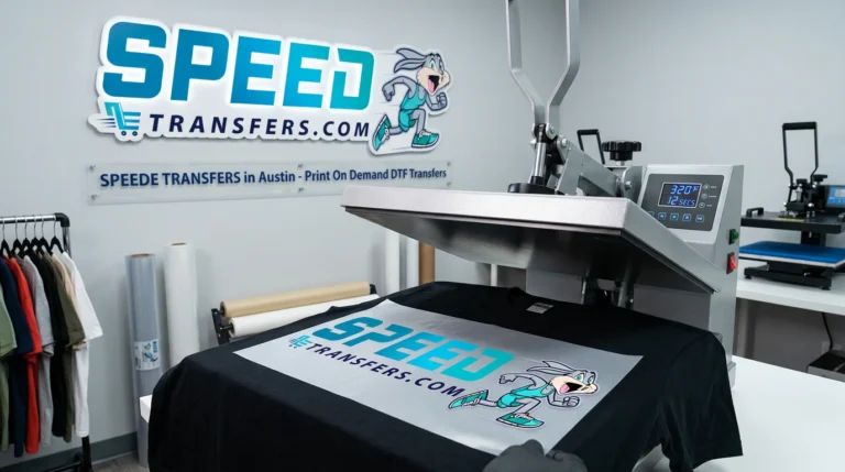 Print on Demand DTF transfers in Austin using heat press for custom apparel printing