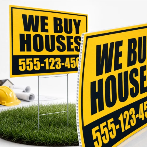 Custom 18x24 bandit signs printed on white coroplast with optional metal step stakes for outdoor advertising