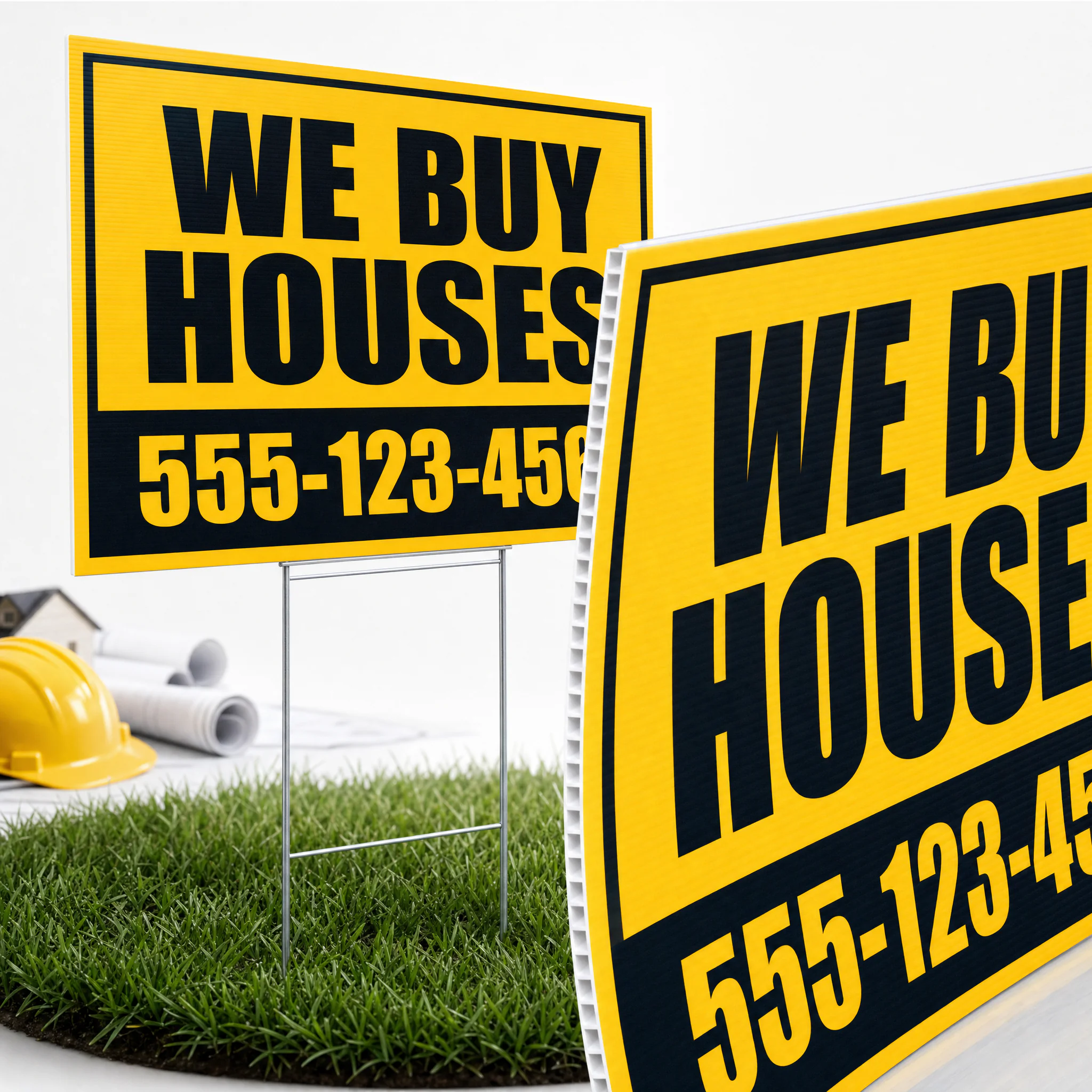 Bandit Signs 1 Custom 18x24 bandit signs printed on white coroplast with optional metal step stakes for outdoor advertising