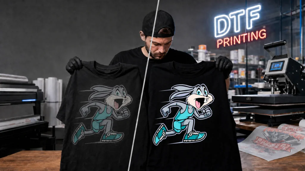 Why DTF colors look dull comparison showing faded vs vibrant DTF transfer printing on black shirts in a professional print shop