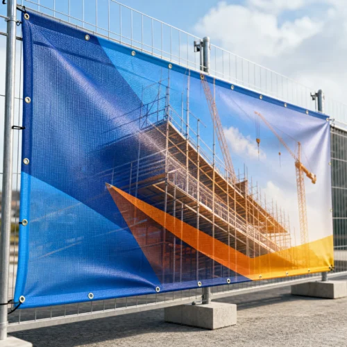 Custom mesh banner installed on construction fence with full color graphics and wind-resistant perforated material.
