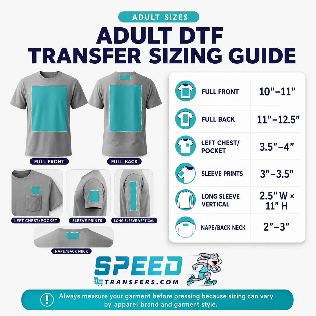Dtf Shirt Sizing Guide 1 Adult DTF transfer sizing guide for full front, full back, left chest, sleeve, and neck placements