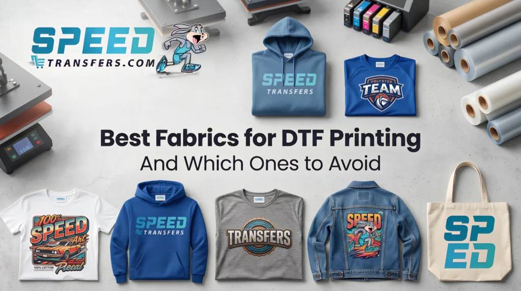Best fabrics for DTF printing including cotton polyester tri-blends denim nylon and canvas garments with custom DTF transfer examples