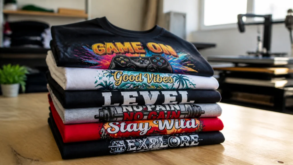 A stack of vibrant custom apparel showing how to wash dtf shirts to maintain color retention.