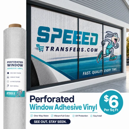Perforated Window Adhesive Vinyl with one-way vision graphics installed on a commercial storefront window.