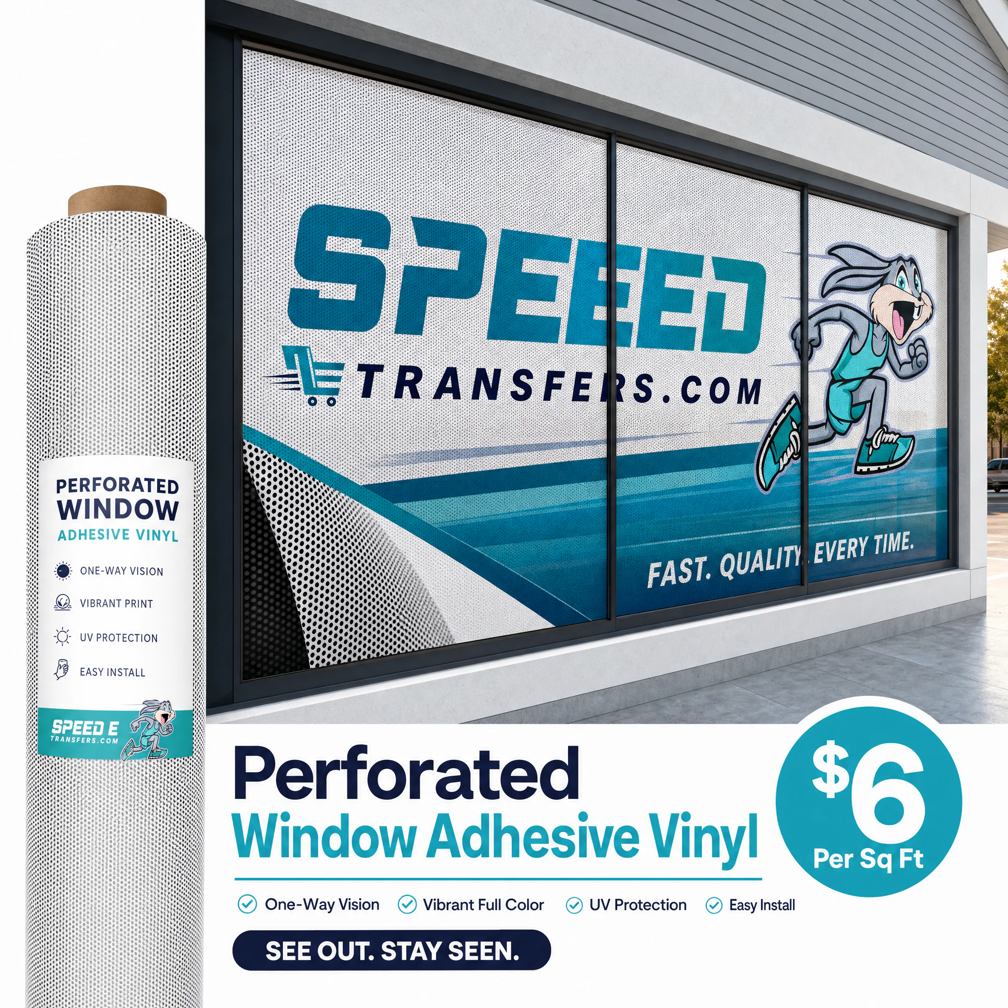 Perforated Window Adhesive Vinyl 1 Perforated Window Adhesive Vinyl with one-way vision graphics installed on a commercial storefront window.