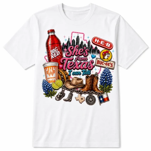 She's From Texas Graphic Tee size chart showing youth and adult white t-shirt sizes