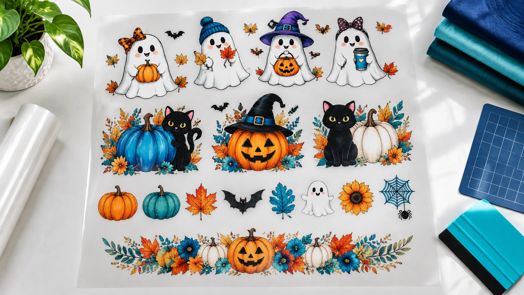 Flat lay of Halloween gang sheet designs arranged on transfer film with pumpkins, ghosts, bats, and autumn leaves